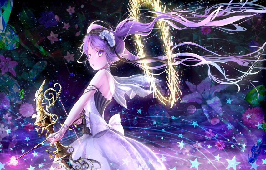 1girl black_hairband bow bow_(weapon) dress euryale eyebrows_visible_through_hair fate/hollow_ataraxia fate_(series) floating_hair flower from_side hair_flower hair_ornament hairband holding holding_arrow holding_bow_(weapon) holding_weapon jewelry lolita_hairband long_hair looking_at_viewer masukudo_(hamamoto_hikaru) open_mouth purple_hair sleeveless sleeveless_dress solo standing star twintails very_long_hair violet_eyes weapon white_bow white_flower