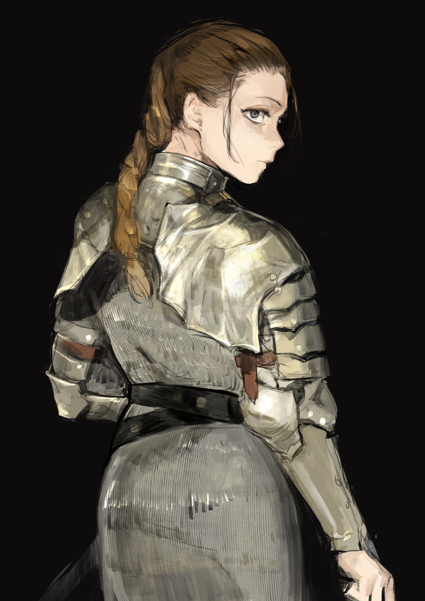 1girl armor belt braid brown_hair closed_mouth commentary_request cowboy_shot from_behind gorget grey_eyes highres hiranko knight long_hair looking_at_viewer looking_back original plate_armor profile scabbard sheath single_braid solo spaulders standing sword vambraces weapon