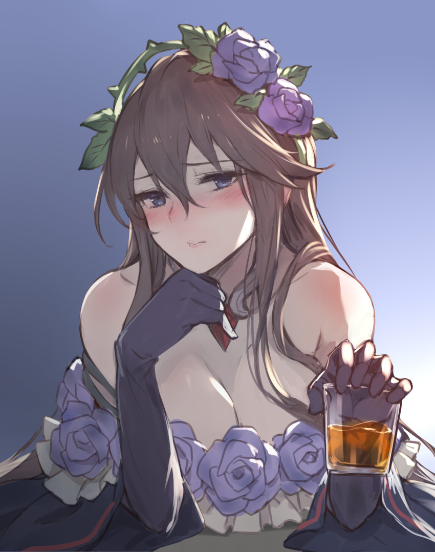1girl annoyed backlighting bangs bare_shoulders blush breasts brown_hair cleavage clenched_teeth commentary_request empty_eyes eyebrows_visible_through_hair flower glass gloves granblue_fantasy hair_between_eyes half-closed_eyes highres kakage large_breasts light long_hair looking_at_viewer looking_to_the_side playing_with_own_hair purple_flower purple_gloves purple_rose rose rosetta_(granblue_fantasy) shiny shiny_hair solo teeth very_long_hair violet_eyes wide_sleeves