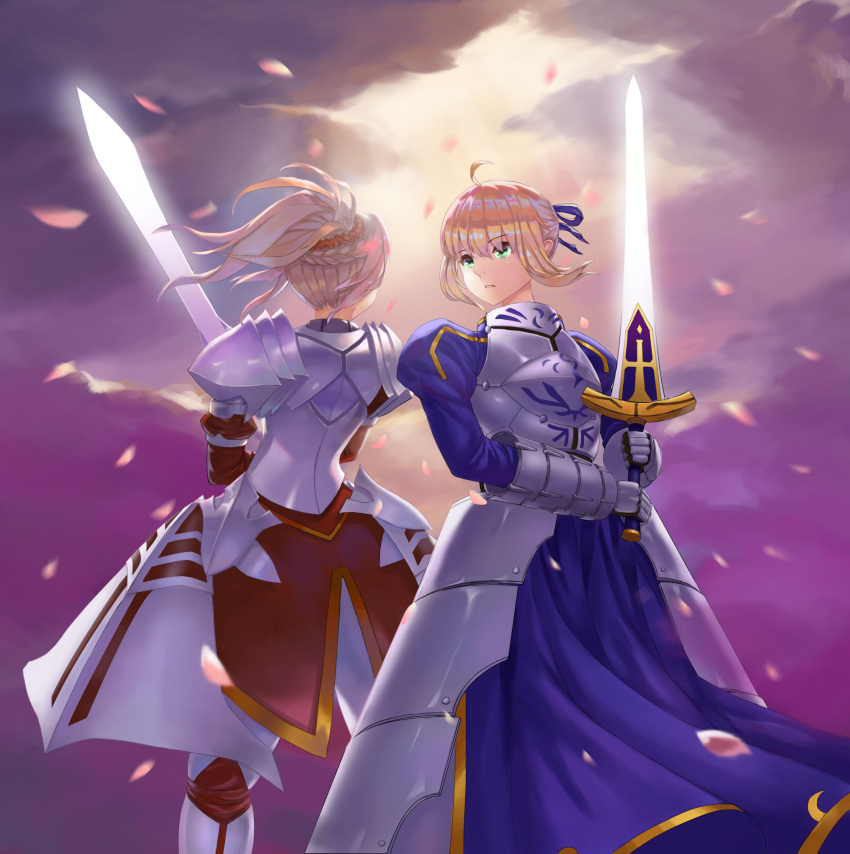 2girls absurdres ahoge armor armored_dress artoria_pendragon_(all) back-to-back blonde_hair braid clarent dark_clouds excalibur fate/grand_order fate_(series) gauntlets green_eyes highres holding holding_sword holding_weapon mother_and_daughter multiple_girls petals saber saber_of_red short_hair short_ponytail sunlight sword weapon ysh_(yysshh)