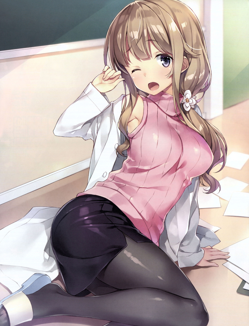 1girl absurdres arm_support bangs blush breasts brown_hair chalkboard classroom dengeki_moeou eyebrows_visible_through_hair fingernails highres indoors labcoat large_breasts long_hair long_sleeves lying miniskirt off_shoulder on_side one_eye_closed open_mouth pantyhose papers ribbed_sweater sandals scan shiny shiny_clothes shiny_hair sidelocks skirt sleeveless sleeveless_turtleneck solo sweater turtleneck turtleneck_sweater violet_eyes yuuki_hagure