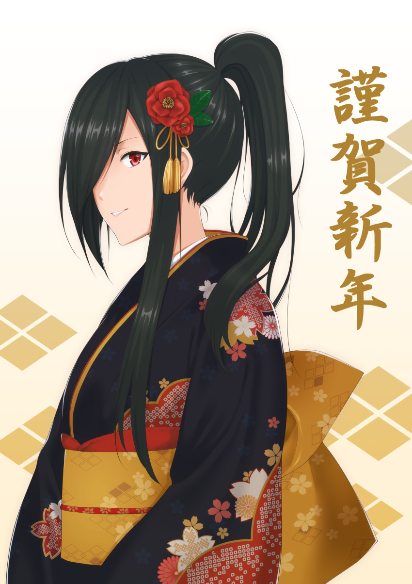 1girl absurdres black_hair black_kimono brown_background chokuro commentary_request family_crest floral_print flower from_side gradient gradient_background hair_flower hair_ornament hair_over_one_eye happy_new_year high_ponytail highres japanese_clothes kimono long_hair long_sleeves looking_at_viewer looking_to_the_side nengajou new_year obiage obijime original parted_lips ponytail print_kimono print_obi red_eyes red_flower shiny shiny_hair smile solo takeda_bishi tassel translated white_background