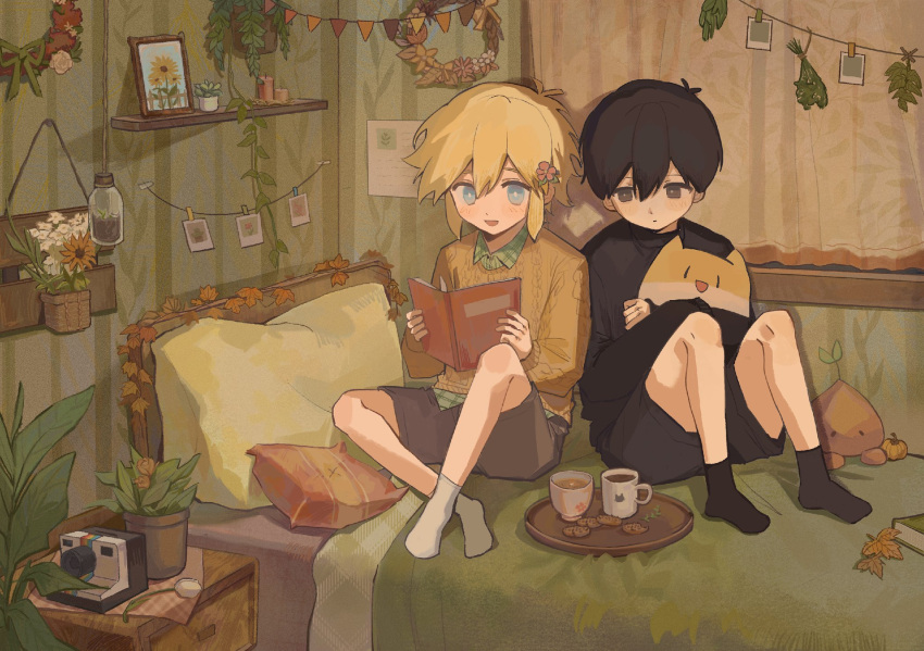 2boys basil_(omori) bed black_eyes black_hair black_socks blackwh01396023 blonde_hair blue_eyes book camera cookie flower food hair_flower hair_ornament highres holding holding_book indoors looking_at_another looking_away male_focus multiple_boys omori on_bed open_book open_mouth photo_(object) plant potted_plant short_hair sitting smile socks sprout_mole stuffed_toy sunny_(omori) tray white_socks
