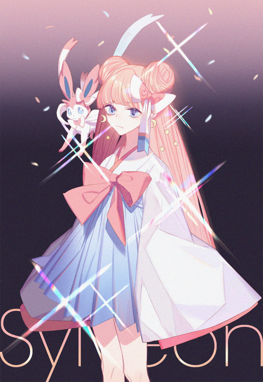 1girl blue_eyes bow character_name crescent crescent_earrings dj.adonis double_bun earrings hair_bow hair_ribbon highres jewelry long_hair looking_at_viewer nib_pen_(medium) pink_bow pink_hair pocket_monsters_pipipi_adventure pokemon pokemon_(creature) pokemon_(game) ribbon sparkle standing sylveon traditional_media very_long_hair wide_sleeves