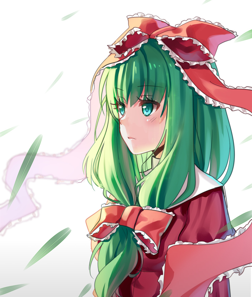 1girl absurdres aer_(tengqiu) bow dress front_ponytail green_eyes green_hair hair_bow hair_ribbon highres kagiyama_hina long_hair red_dress ribbon solo touhou upper_body