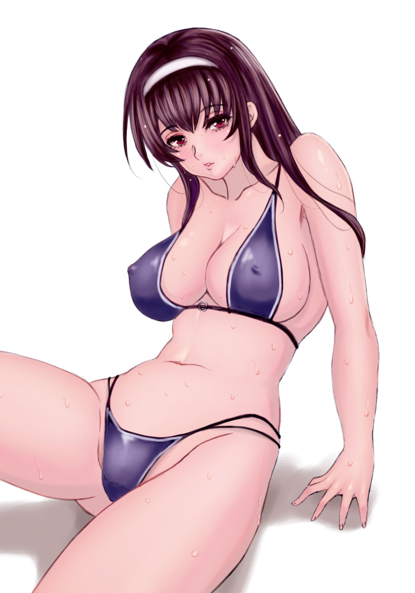 1girl absurdres akira_(yuibnm71) arm_support bad_anatomy bangs bare_shoulders bikini breasts brown_hair collarbone commentary erect_nipples eyebrows_visible_through_hair graphite_(medium) hairband highres kasumigaoka_utaha large_breasts long_hair looking_at_viewer navel parted_lips red_eyes saenai_heroine_no_sodatekata shadow simple_background sitting solo sweat swimsuit traditional_media white_background