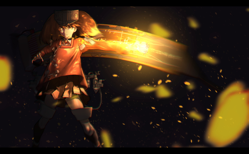 1girl brown_eyes brown_hair cannon claw_pose closed_mouth expressionless eyebrows_visible_through_hair eyes_visible_through_hair fire fireball flat_chest full_body hair_between_eyes hat japanese_clothes kantai_collection kariginu long_hair looking_at_viewer magatama miniskirt nanao_(aoyamahikari) onmyouji outstretched_arm pleated_skirt rigging ryuujou_(kantai_collection) scroll shikigami skirt smile solo sparks twintails visor_cap