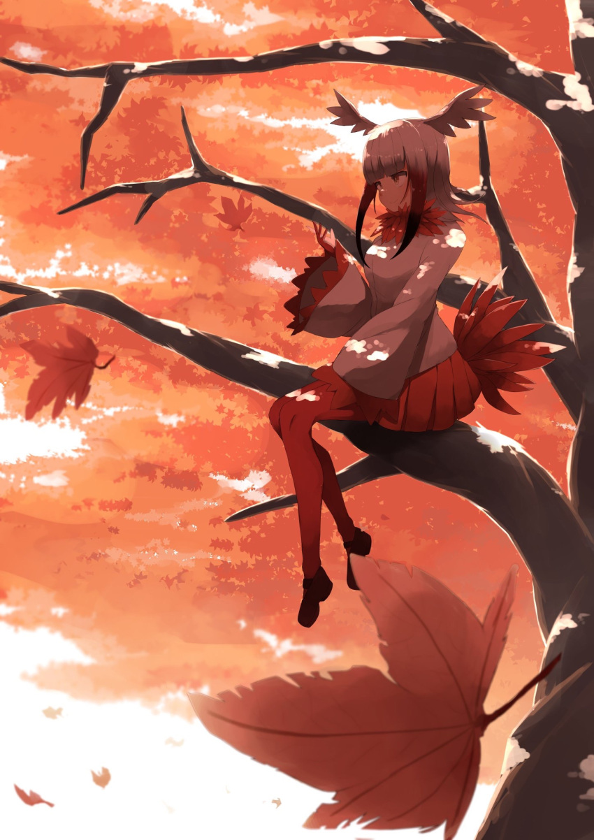1girl autumn_leaves bangs black_hair blunt_bangs dappled_sunlight from_side fur_trim hand_up head_wings highres japanese_crested_ibis_(kemono_friends) kemono_friends leaf long_hair long_sleeves maple_leaf miniskirt multicolored_hair outdoors pantyhose pleated_skirt red_legwear red_skirt redhead sitting skirt smile solo sunlight tail_feathers tokoname tree white_hair wide_sleeves yellow_eyes