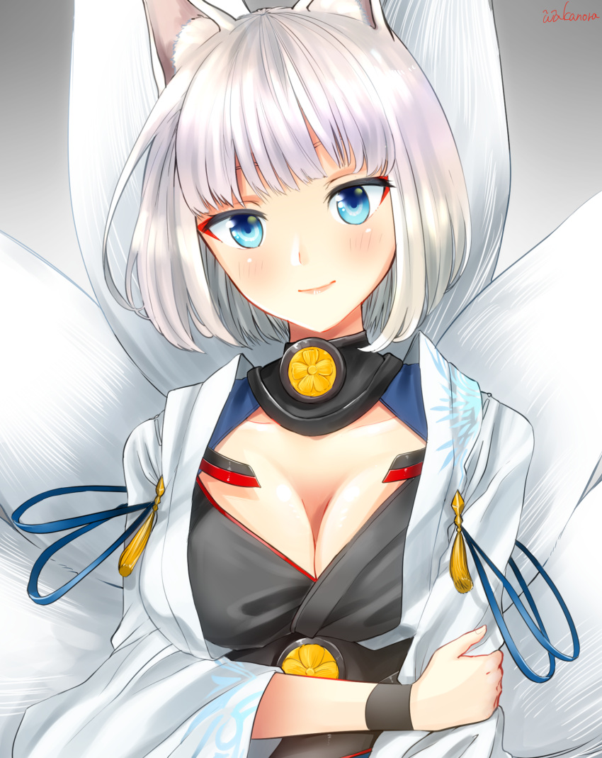 1girl akai_tanuki animal_ears azur_lane blue_eyes blush breasts cleavage commentary_request eyeshadow fox_ears fox_tail highres kaga_(azur_lane) looking_at_viewer makeup medium_breasts multiple_tails short_hair signature simple_background smile solo tail upper_body white_hair