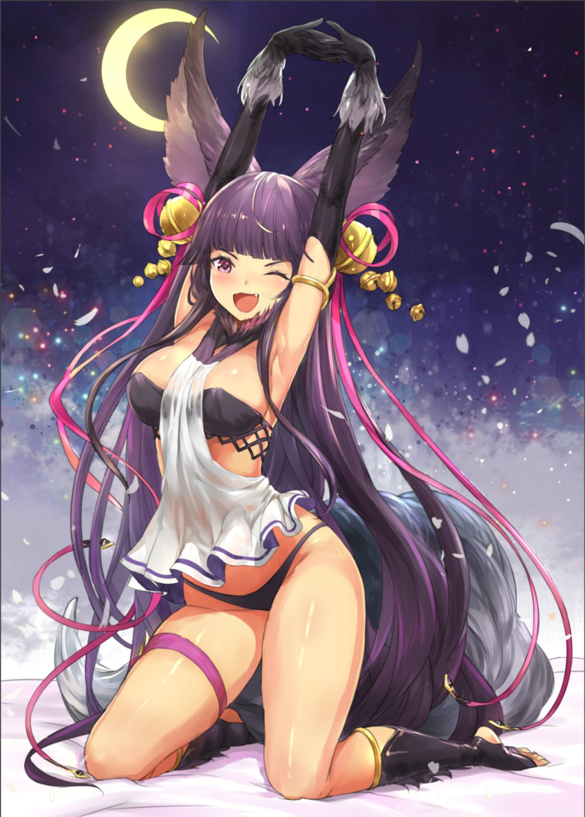 1girl armpits arms_up bangs bare_legs black_gloves black_panties blunt_bangs breasts crescent_moon crystal_shoujo fang full_body gloves granblue_fantasy highres kneeling large_breasts long_hair looking_at_viewer moon one_eye_closed open_mouth panties purple_hair smile solo thigh_strap toeless_legwear underwear very_long_hair violet_eyes yuel_(granblue_fantasy)