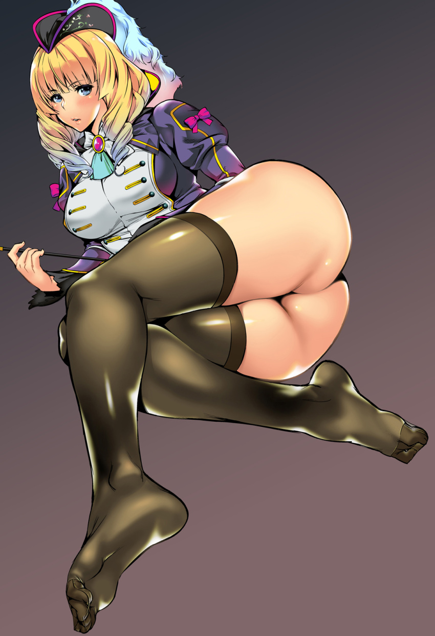 1girl ass black_background blonde_hair blue_eyes breasts brown_background character_request drill_hair feet gradient gradient_background highres large_breasts looking_at_viewer multicolored_hair parted_lips pink_ribbon ribbon sennen_sensou_aigis shigaoka soles solo thighs toes