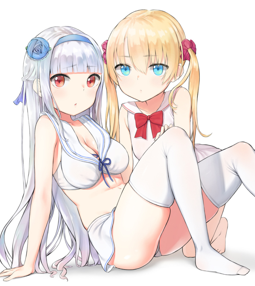 2girls agnam_ore all_fours arm_support bare_shoulders barefoot bikini bikini_skirt blonde_hair blue_eyes breasts cleavage dress hairband highres leaning_back long_hair looking_at_viewer medium_breasts multiple_girls original red_eyes scrunchie silver_hair sitting sleeveless sleeveless_dress small_breasts swimsuit thigh-highs twintails white_dress white_legwear