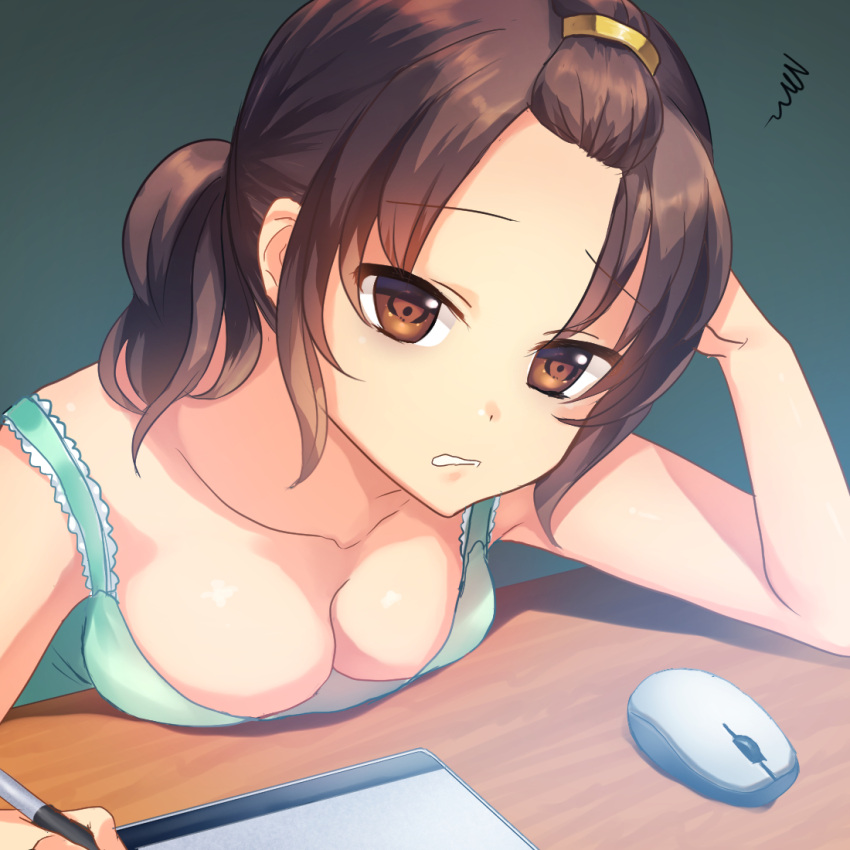 1girl bangs_pinned_back breast_press breasts brown_eyes brown_hair cleavage clenched_teeth desk frustrated head_rest long_hair medium_breasts mouse no_bra original riichi_(rouchi) solo stylus tablet tank_top teeth