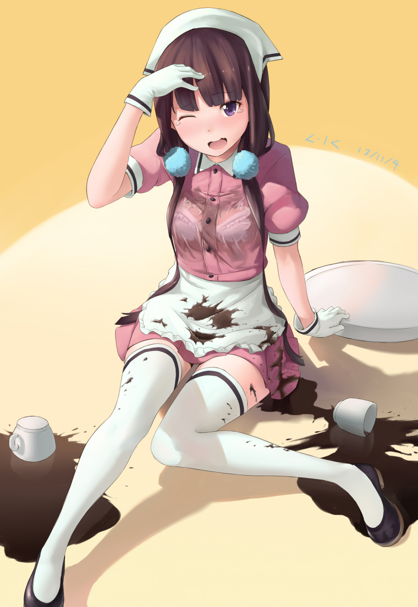 1girl absurdres accident apron black_footwear blend_s blush bra brown_hair coffee collared_shirt commentary_request cup dated eyebrows_visible_through_hair frilled_apron frills gloves hair_between_eyes hand_on_own_head head_scarf head_tilt highres holding holding_tray lkqyan long_hair looking_at_viewer low_twintails mary_janes mug number one_eye_closed open_mouth pink_shirt pink_skirt pom_pom_(clothes) sakuranomiya_maika see-through shirt shoes silhouette sitting skirt solo spill tears thigh-highs tray twintails underwear violet_eyes waist_apron waitress wet wet_clothes white_apron white_bra white_gloves white_legwear wing_collar