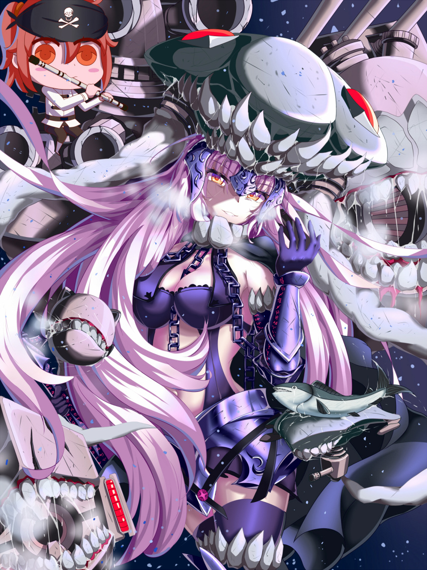2girls bandanna between_breasts blush_stickers breasts chains chibi_inset cleavage cosplay elbow_gloves enemy_aircraft_(kantai_collection) fate/grand_order fate_(series) fish fujimaru_ritsuka_(female) gloves grin hat head_tilt headpiece highres jeanne_alter kantai_collection lavender_hair long_hair looking_at_viewer medium_breasts multiple_girls parted_lips purple_gloves purple_legwear ruler_(fate/apocrypha) shinkaisei-kan smile teeth tentacle thigh-highs very_long_hair wo-class_aircraft_carrier wo-class_aircraft_carrier_(cosplay) xi_zhujia_de_rbq yellow_eyes