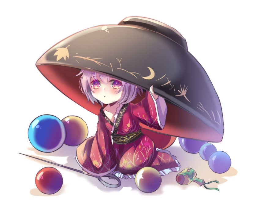 1girl ball bowl frills japanese_clothes kimono long_sleeves looking_at_viewer miracle_mallet needle nga_(artist) purple_hair short_hair simple_background solo sukuna_shinmyoumaru touhou violet_eyes white_background wide_sleeves