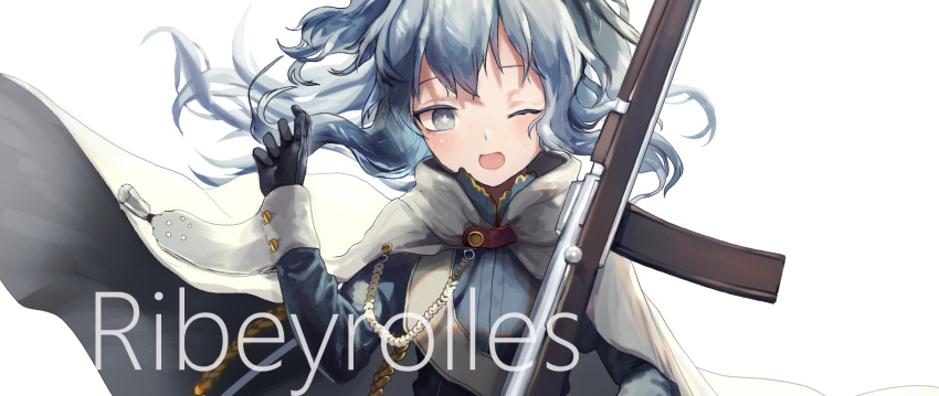 1girl age_regression ajirui arm_up assault_rifle bangs blue_eyes blush breasts buckle cape character_name chauchat-ribeyrolles_1918 cuff_links dress eyebrows fringe girls_frontline gloves gun highres holding holding_gun holding_weapon long_hair long_sleeves looking_at_viewer one_eye_closed open_mouth ribeyrolles_1918_(girls_frontline) rifle silver_hair sleeve_cuffs small_breasts smile solo star star-shaped_pupils symbol-shaped_pupils wavy_hair weapon white_background white_cape winking younger