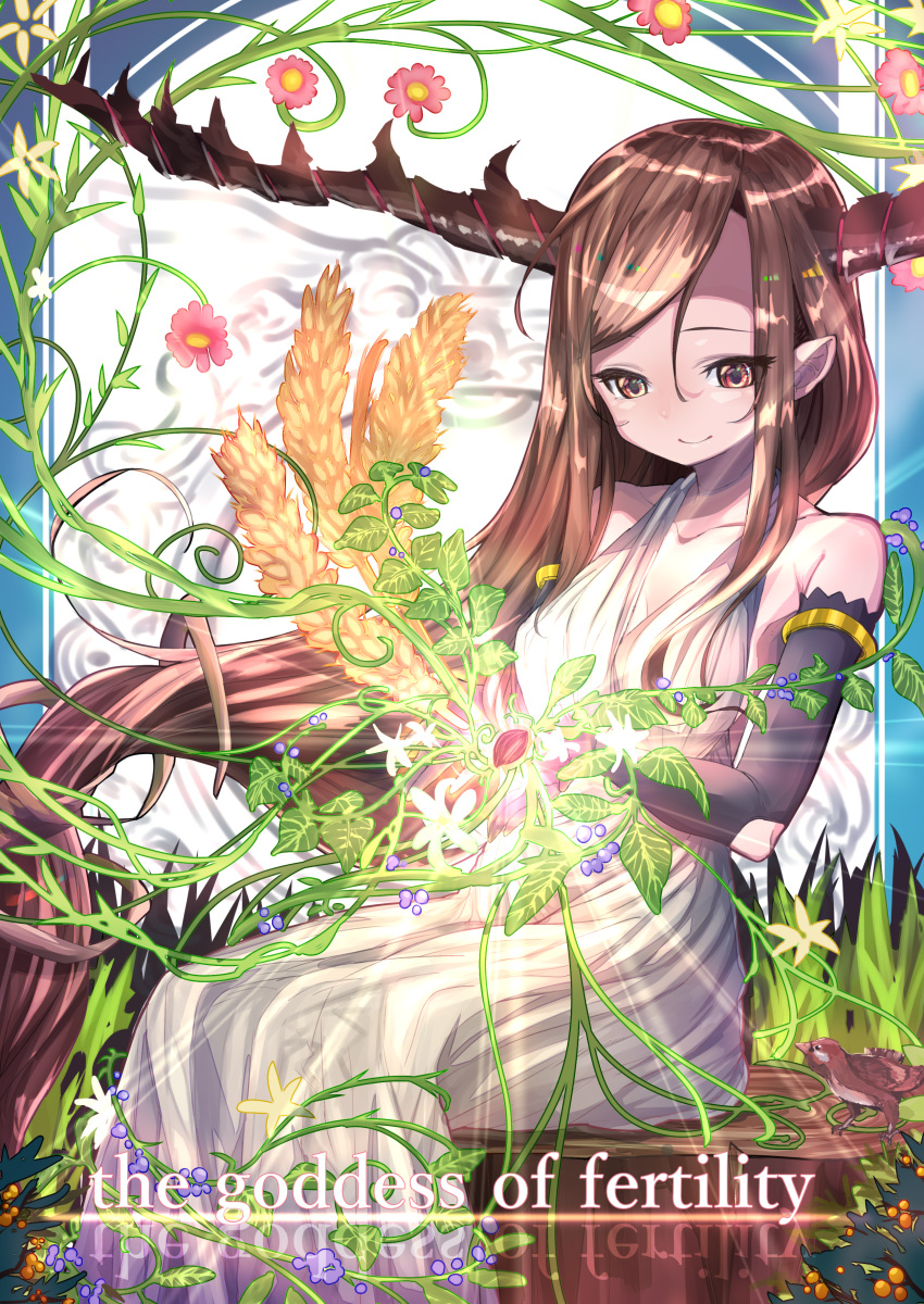 1girl absurdly_long_hair absurdres animal antlers armlet bangs bare_shoulders berry bird black_gloves breasts brown_eyes brown_hair closed_mouth collarbone commentary_request dress elbow_gloves english gloves halter_dress halterneck highres izayoi_cha large_breasts leaf light long_hair original pink_flower plant pointy_ears sitting smile solo tree_stump tsurime very_long_hair vines wheat white_dress