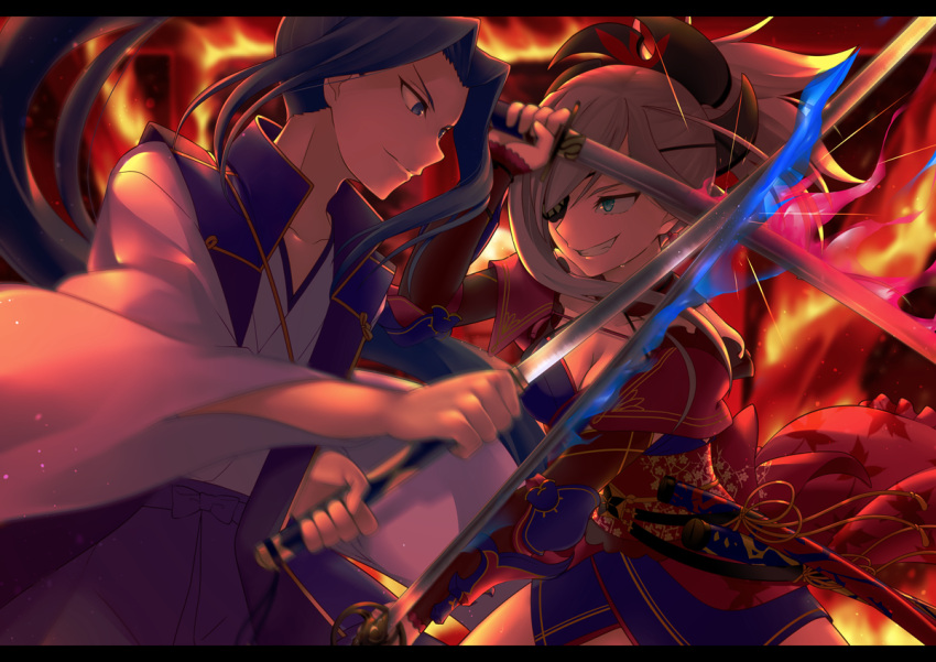 1boy 1girl assassin_(fate/stay_night) blue_eyes dual_wielding eyepatch fate/grand_order fate_(series) fighting fire glowing glowing_sword glowing_weapon grin japanese_clothes katana miyamoto_musashi_(fate/grand_order) motion_blur obi pink_hair ponytail purple_hair sash sheath smile sparks sweat sword sword_clash violet_eyes weapon wellow_ryu wide_sleeves