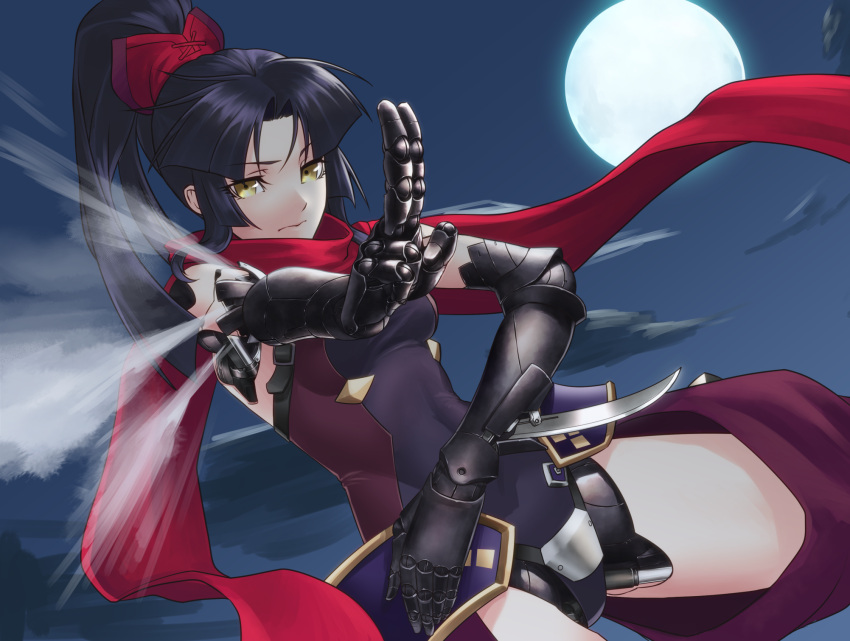 1girl black_hair breasts covered_navel dutch_angle fate/grand_order fate_(series) full_body gauntlets hair_ornament high_ponytail highres hikichi_sakuya katou_danzou_(fate/grand_order) leotard long_hair medium_breasts night outdoors red_scarf scarf solo very_long_hair yellow_eyes