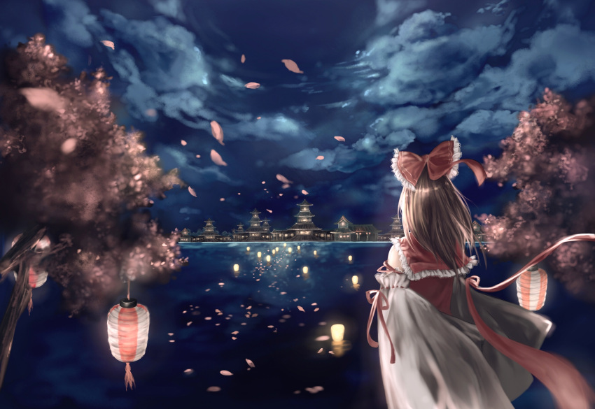 1girl bow brown_hair clouds detached_sleeves from_behind hair_bow hakurei_reimu highres lantern long_hair night outdoors paper_lantern red_bow red_shirt ribbon-trimmed_sleeves ribbon_trim scenery shirt solo touhou tree