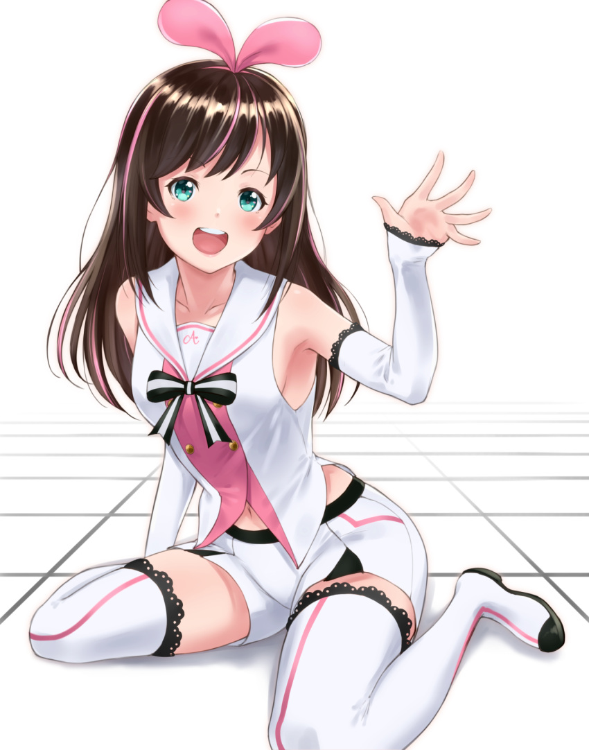 1girl :d a.i._channel arm_up arm_warmers armpits bangs bare_shoulders black_bow blush boots bow bowtie breasts brown_hair buttons chokuro collarbone commentary_request eyebrows_visible_through_hair green_eyes hair_bow hairband head_tilt highres kizuna_ai lace long_hair looking_at_viewer multicolored_hair navel open_mouth outstretched_hand pink_bow pink_hair pink_hairband round_teeth sailor_collar shadow shiny shiny_hair shorts sitting sleeveless small_breasts smile solo streaked_hair striped_neckwear swept_bangs teeth thigh-highs thigh_boots tile_floor tiles wariza waving white_background white_footwear white_sailor_collar white_shorts