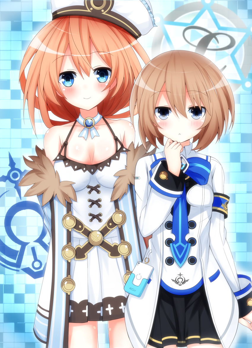 2girls :&lt; bare_shoulders blanc blue_eyes blush breasts brown_hair choujigen_game_neptune cleavage closed_mouth collarbone cosplay costume_switch eyebrows_visible_through_hair haru_blanc0316 hat highres kannuki_natsume long_hair looking_at_viewer medium_breasts multiple_girls neptune_(series) short_hair small_breasts smile tokyo_clanpool white_hat