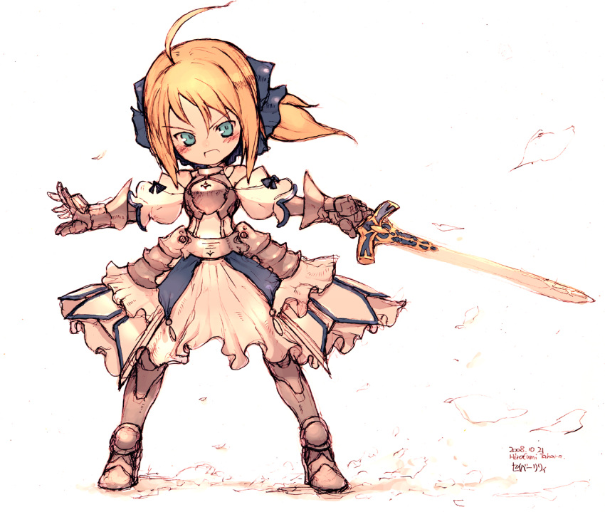 armor armored_dress bad_id blonde_hair blue_eyes blush chibi dress fate/stay_night fate/unlimited_codes fate_(series) highres rondo_bell saber saber_lily sketch solo sword weapon