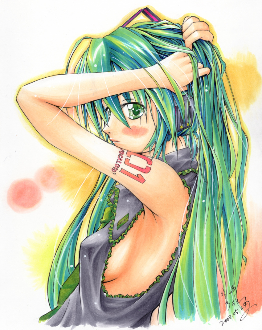 arms_up blush breasts green_eyes green_hair hatsune_miku highres long_hair roreru sideboob traditional_media vocaloid