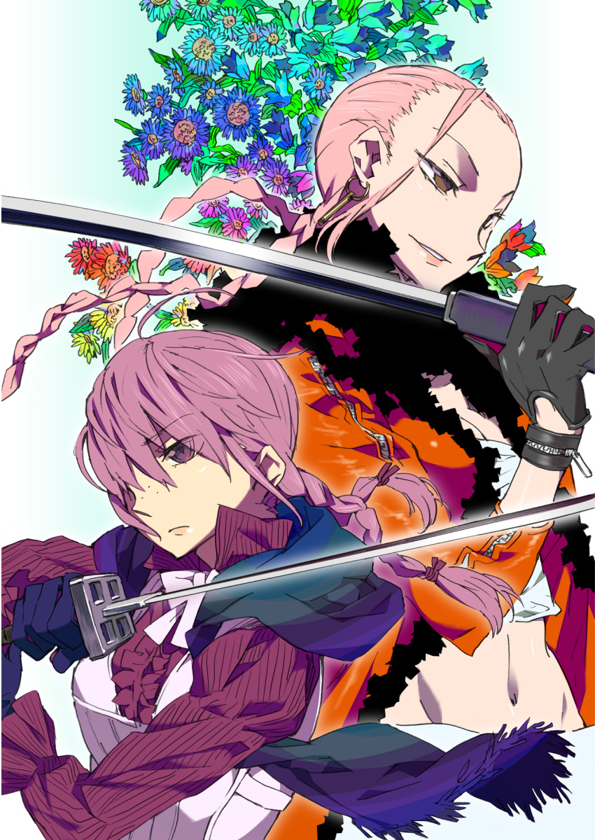 brown_eyes earrings flower forehead freckles highres jewelry katana katou_haruaki long_hair original pink_hair purple_eyes sword twin_braids violet_eyes weapon