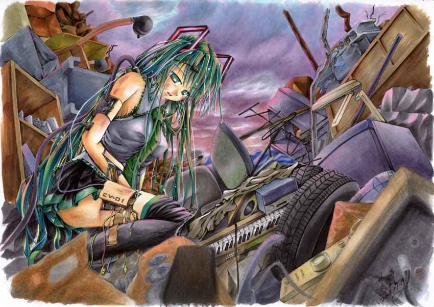 cable green_eyes green_hair hatsune_miku long_hair necktie roreru skirt thigh-highs thighhighs traditional_media twintails vocaloid wires