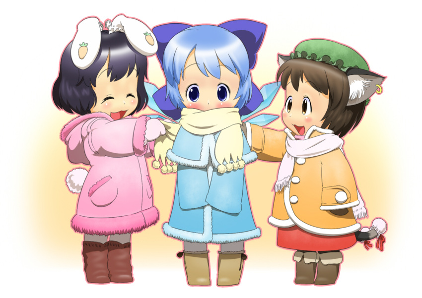 :3 animal_ears blush boots bunny_ears cat_ears cat_tail chen chibi child cirno coat earrings hat inaba_tewi jewelry multiple_girls ogu_(oguogu) ogu_(pixiv136937) pantyhose rabbit_ears scarf tail touhou wings winter_clothes young