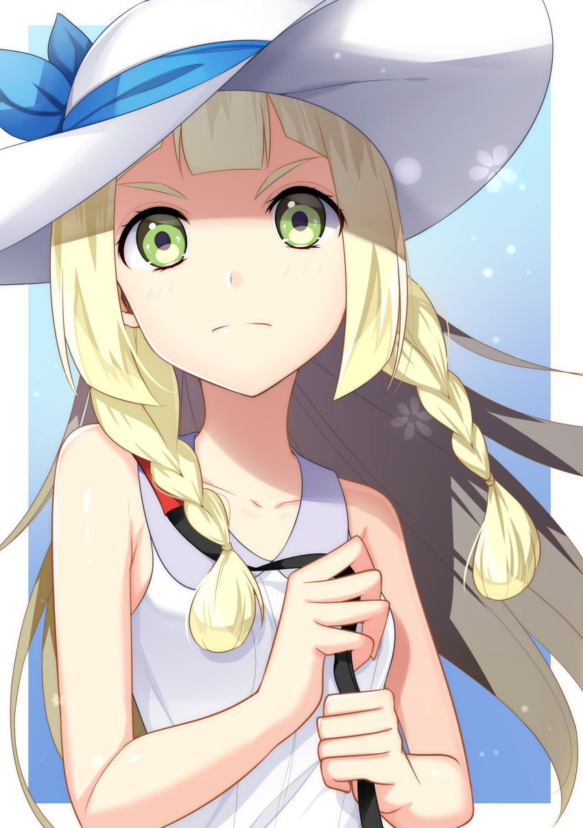 &gt;:( 1girl absurdres bangs bare_arms bare_shoulders blonde_hair blue_background blue_ribbon blunt_bangs blush braid closed_mouth collarbone dress gradient gradient_background green_eyes hat hat_ribbon highres lillie_(pokemon) long_hair looking_at_viewer over_shoulder pokemon pokemon_(game) pokemon_sm ribbon serious sleeveless sleeveless_dress solo sun_hat sundress tareme twin_braids upper_body white_dress white_hat yuihiko