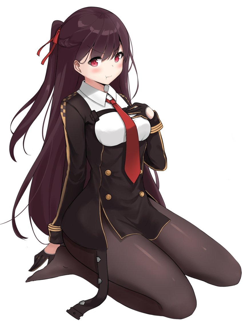 &gt;:t 1girl :t absurdres arm_behind_back bangs black_dress black_gloves black_legwear blush breasts double-breasted dress full_body girls_frontline gloves hair_ribbon hand_on_own_chest highres long_hair long_sleeves medium_breasts necktie no_shoes nyanyang one_side_up pantyhose pout purple_hair red_eyes red_neckwear red_ribbon ribbon seiza simple_background sitting tareme very_long_hair wa2000_(girls_frontline) white_background wing_collar