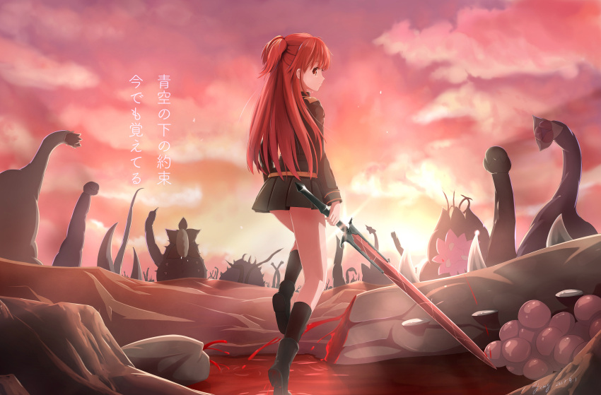 1girl absurdres black_jacket black_legwear black_skirt chtholly_nota_seniorious dated day from_behind highres holding holding_sword holding_weapon jacket long_hair looking_at_viewer looking_back miniskirt monster one_leg_raised outdoors pleated_skirt red_eyes redhead shuumatsu_nani_shitemasu_ka? signature skirt solo standing sword two_side_up very_long_hair weapon