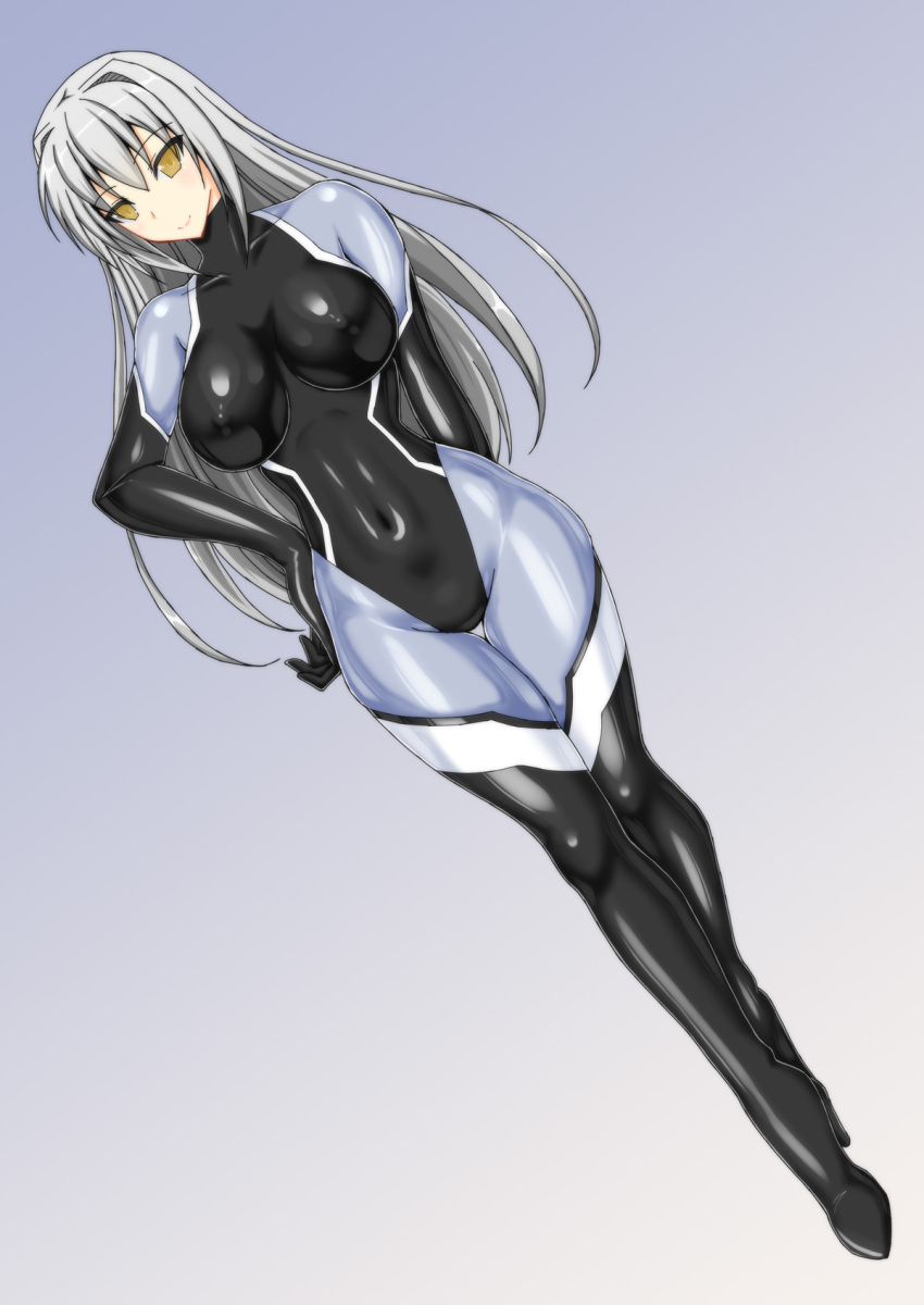 1girl blush bodysuit breasts covered_navel fuuki_(misty_wind) hand_on_hip highres large_breasts long_hair looking_at_viewer original silver_hair skin_tight smile solo turtleneck yellow_eyes