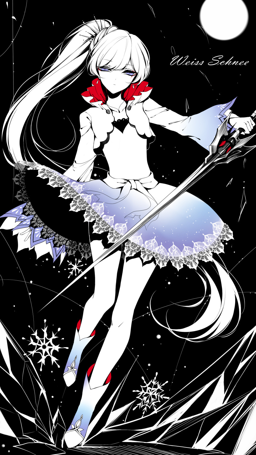 1girl absurdres black_background blue_eyes blue_skirt boots character_name collarbone eyebrows_visible_through_hair floating_hair full_body full_moon hair_ornament highres holding holding_sword holding_weapon jewelry limited_palette long_hair looking_at_viewer miniskirt moon necklace rwby sheya silver_hair skirt snowflakes solo standing sword very_long_hair weapon weiss_schnee