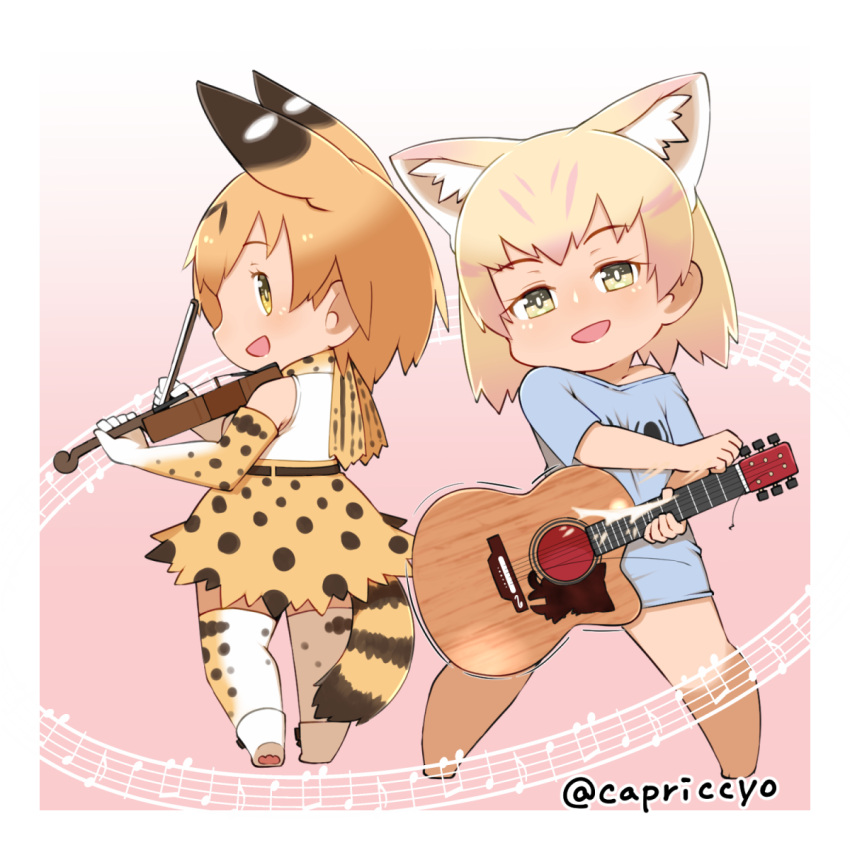 2girls :d animal_ears bare_shoulders blonde_hair broken_string capriccyo cat_ears cat_tail chibi commentary_request elbow_gloves from_behind gloves guitar highres instrument kemono_friends looking_at_viewer multiple_girls music off-shoulder_shirt open_mouth playing_instrument sand_cat_(kemono_friends) serval_(kemono_friends) serval_ears serval_tail shirt short_hair smile tail twitter_username violin
