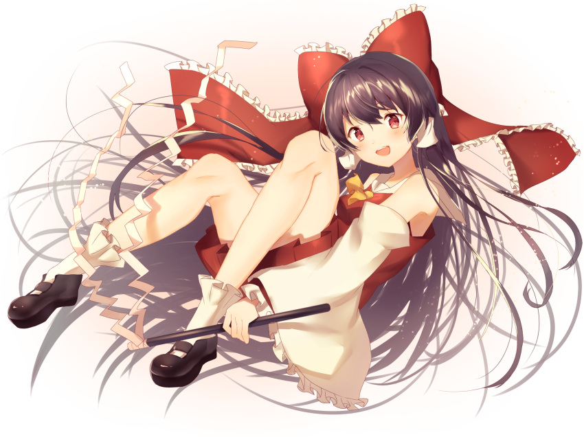 1girl :d ascot bangs black_footwear black_hair blush bow brown_eyes commentary_request detached_sleeves eyebrows_visible_through_hair full_body gohei gradient gradient_background hair_bow hakurei_reimu highres holding long_hair long_sleeves looking_at_viewer mary_janes neno_(nenorium) open_mouth pleated_skirt red_bow red_skirt shoes skirt skirt_set smile socks solo touhou very_long_hair white_legwear wide_sleeves