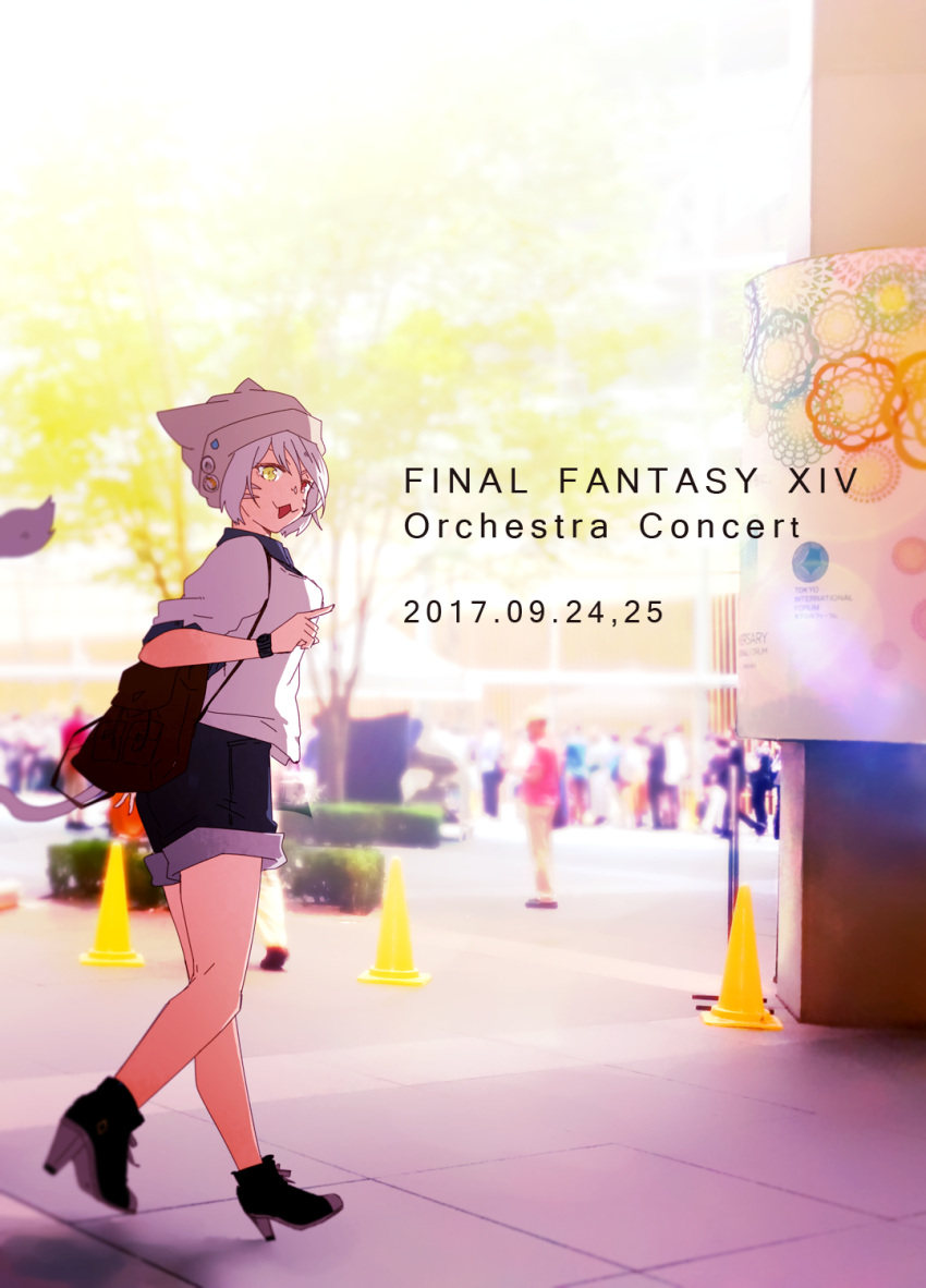 1girl animal_ears animal_hat bag blurry blurry_background casual cat_ears cat_tail facial_mark final_fantasy final_fantasy_xiv hat heterochromia highres lili_mdoki miqo'te open_mouth outdoors photo_background short_hair shorts solo tail watch watch white_hair