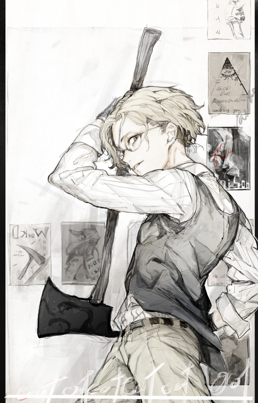 1boy axe belt commentary from_behind glasses grey_eyes grey_hair highres hiranko holding_axe limited_palette long_sleeves looking_at_viewer male_focus original pants parted_lips shirt smile solo standing vest white_shirt