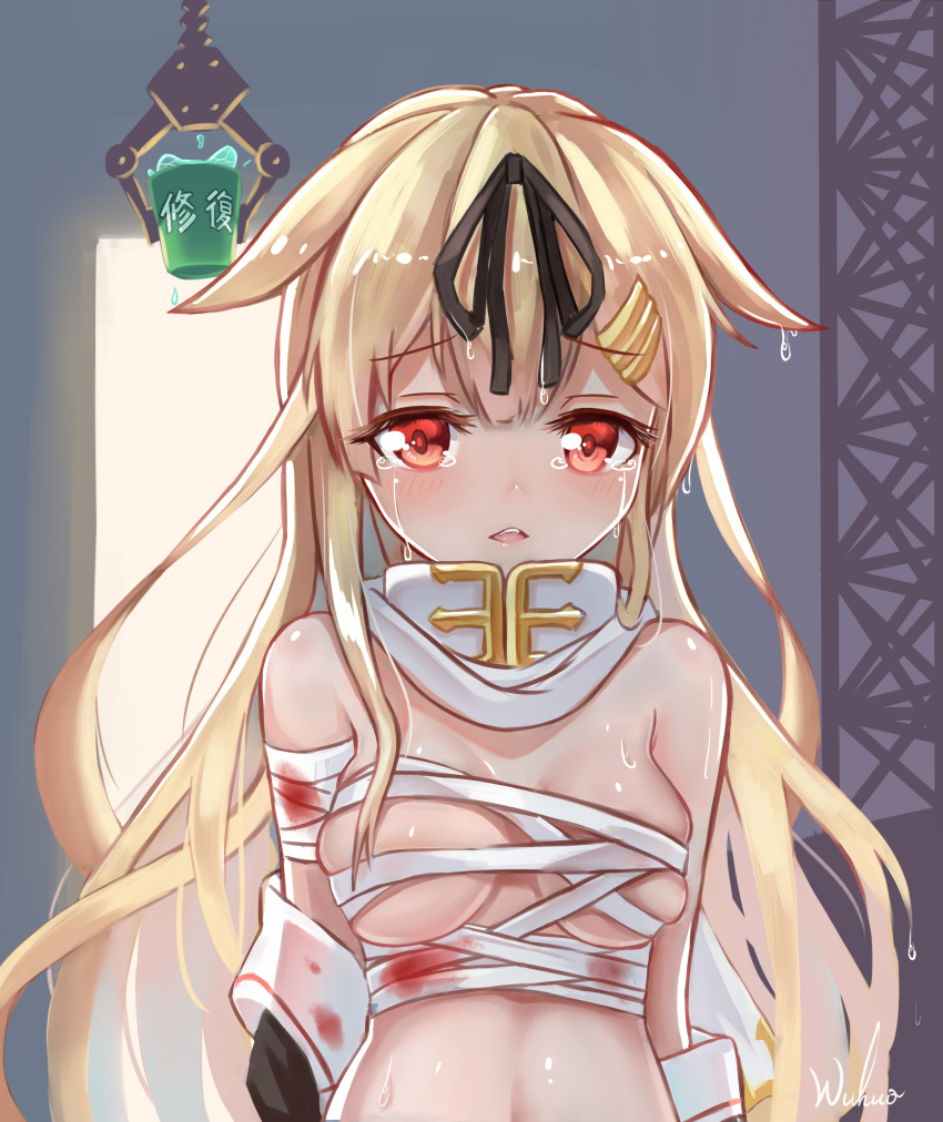 1girl absurdres bandage blonde_hair blood blood_stain blush bow breasts bucket cleavage clothes_removed commentary_request hair_bow hair_flaps hair_ornament hair_ribbon hairclip highres kantai_collection light_brown_hair long_hair looking_at_viewer medium_breasts midriff navel parted_lips red_eyes remodel_(kantai_collection) ribbon sarashi scarf school_uniform serafuku solo tears translation_request upper_body wuhuo yuudachi_(kantai_collection)