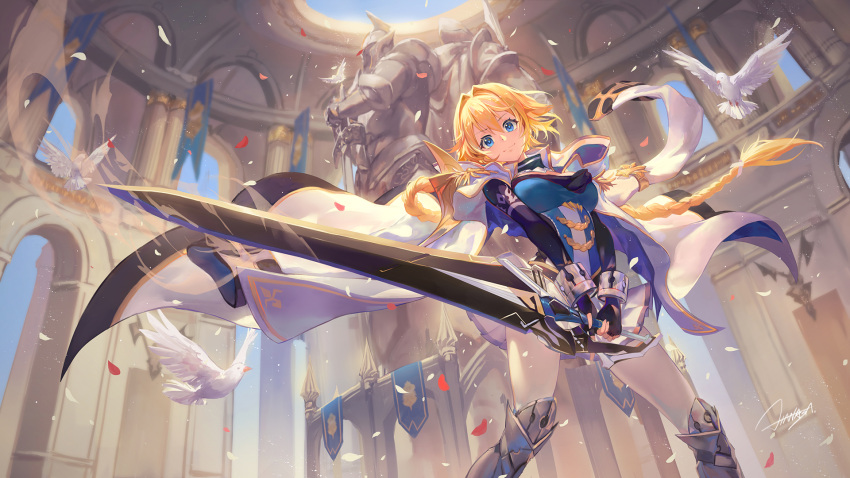 1girl bird blonde_hair blue_eyes braid breasts cloak closed_mouth criin_(659503) greaves hair_intakes highres holding holding_sword holding_weapon indoors long_hair looking_at_viewer medium_breasts pantyhose planted_sword planted_weapon rebellious_millon_arthur single_braid smile solo statue sword very_long_hair weapon white_legwear