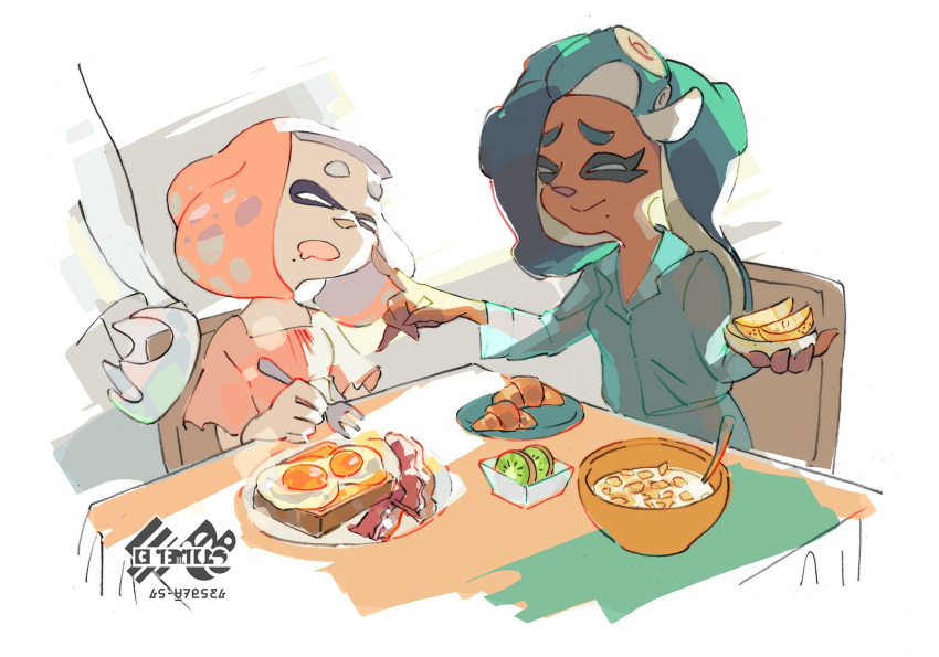 2girls bacon bowl breakfast cereal cheek_poking croissant crown dark_skin egg food fork fruit highres inoue_seita kiwifruit marina_(splatoon) milk mole mole_under_mouth multiple_girls official_art orange pajamas pearl_(splatoon) poking sleepy splatoon splatoon_2 spoon tentacle_hair toast