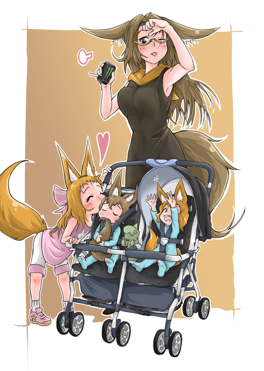 4girls :3 :d ^_^ absurdres animal_ears armpits bangs bare_arms bike_shorts black_dress blush breasts brown_background brown_eyes brown_hair can cheek_kiss child closed_eyes commentary_request doitsuken dress energy_drink fang fox_ears fox_tail hand_up hands_up heart highres holding holding_can kiss leaning_forward lipstick looking_down makeup medium_breasts multiple_girls one_eye_closed open_mouth original pajamas parted_lips pink_footwear pink_shirt red_lipstick shirt short_hair simple_background smile socks standing stroller stuffed_toy tail tail_hug toddler torii under-rim_eyewear wiping_forehead yellow-framed_eyewear