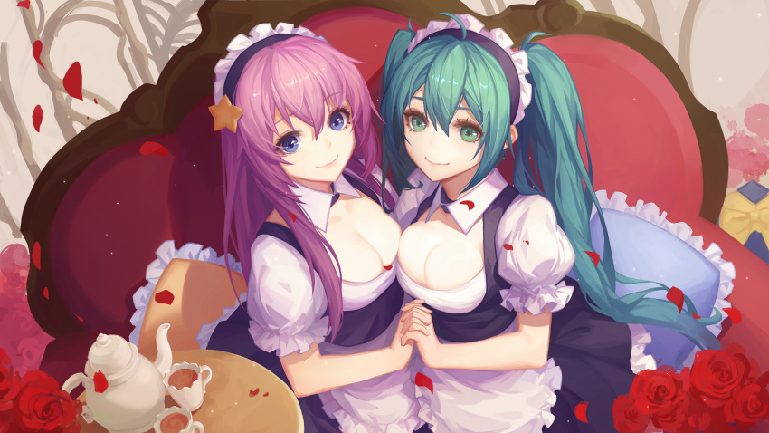 2girls ahoge alternate_costume apron aqua_hair black_dress blue_eyes breasts cleavage closed_mouth cup dress enmaided flower green_eyes hand_holding hatsune_miku highres interlocked_fingers long_hair looking_at_viewer maid maid_headdress medium_breasts megurine_luka multiple_girls petals puffy_short_sleeves puffy_sleeves purple_hair red_rose rose short_sleeves smile teacup teapot twintails upper_body vocaloid waist_apron youxuemingdie