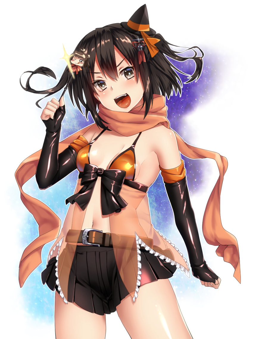 &gt;:d 1girl :d alternate_costume belt black_gloves black_hat black_skirt breasts brown_eyes brown_hair elbow_gloves fang fingerless_gloves gloves hat highres kantai_collection keita_(tundereyuina) latex latex_gloves mini_hat naka_(kantai_collection) open_mouth orange_scarf pleated_skirt scarf sendai_(kantai_collection) short_hair skirt small_breasts smile solo two_side_up