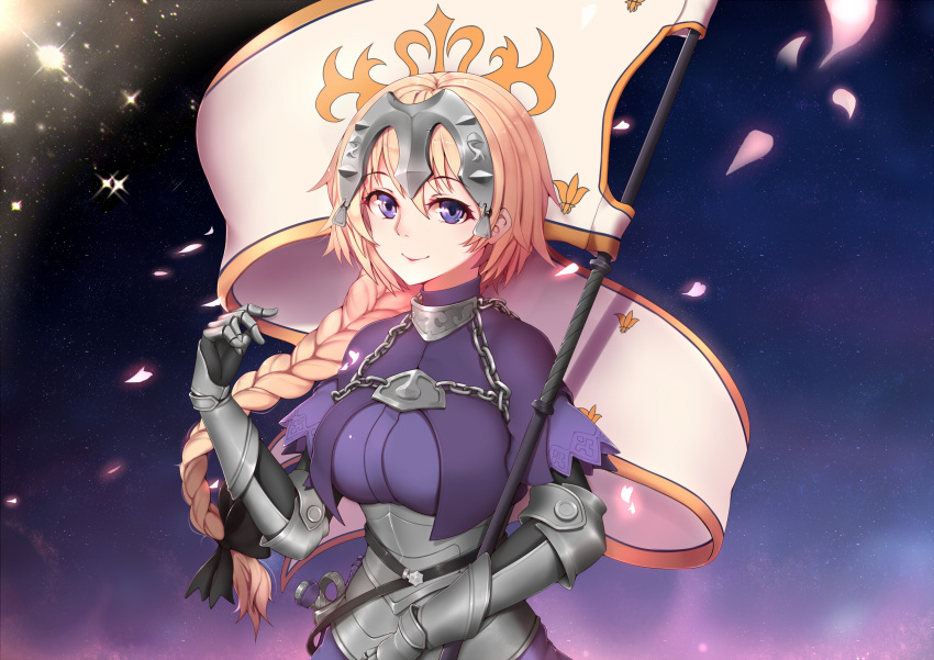 1girl armor armored_dress banner black_ribbon blonde_hair blue_dress blue_eyes braid cherry_blossoms dress eyebrows_visible_through_hair fate/apocrypha fate_(series) gauntlets hair_between_eyes hair_ribbon hanami_dango_(zzldango) highres holding holding_weapon long_hair looking_at_viewer low-tied_long_hair ponytail ribbon ruler_(fate/apocrypha) single_braid smile solo sparkle standing upper_body very_long_hair weapon