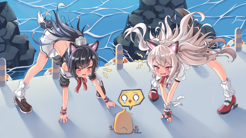 &gt;:d 2girls :d absurdres all_fours animal_ears azur_lane barking black_hair commentary_request crying crying_with_eyes_open fake_animal_ears fang fingerless_gloves gloves headgear highres long_hair midriff multiple_girls ocean open_mouth pleated_skirt ponytail red_eyes school_uniform serafuku shigure_(azur_lane) silver_hair skirt smile tail tears two_side_up wind wolf_tail wuhuo yuudachi_(azur_lane)