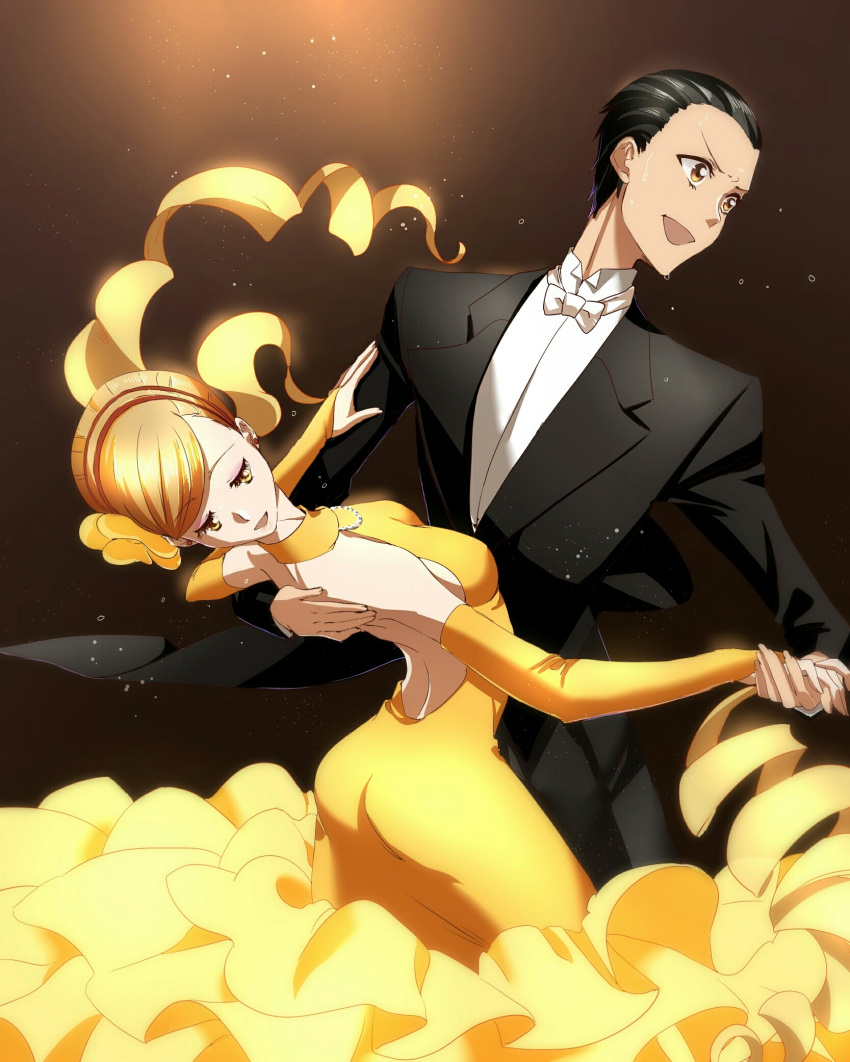 1boy 1girl :d akagi_mako ass ballroom_e_youkoso black_hair brown_eyes brown_hair dancing dress elbow_gloves flower formal fujita_tatara gloves hair_flower hair_ornament hair_slicked_back hand_holding highres jewelry looking_to_the_side morihaw necklace open_mouth smile suit sweatdrop yellow_dress yellow_gloves